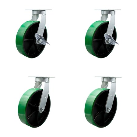 Service Caster 10'' Heavy Duty Green Poly on Cast Iron Caster Set 4 Swivel Locks 2 Brakes, 4PK CRAN-KP92S1030-PUR-GB-SLB-BSL-2-BSL2